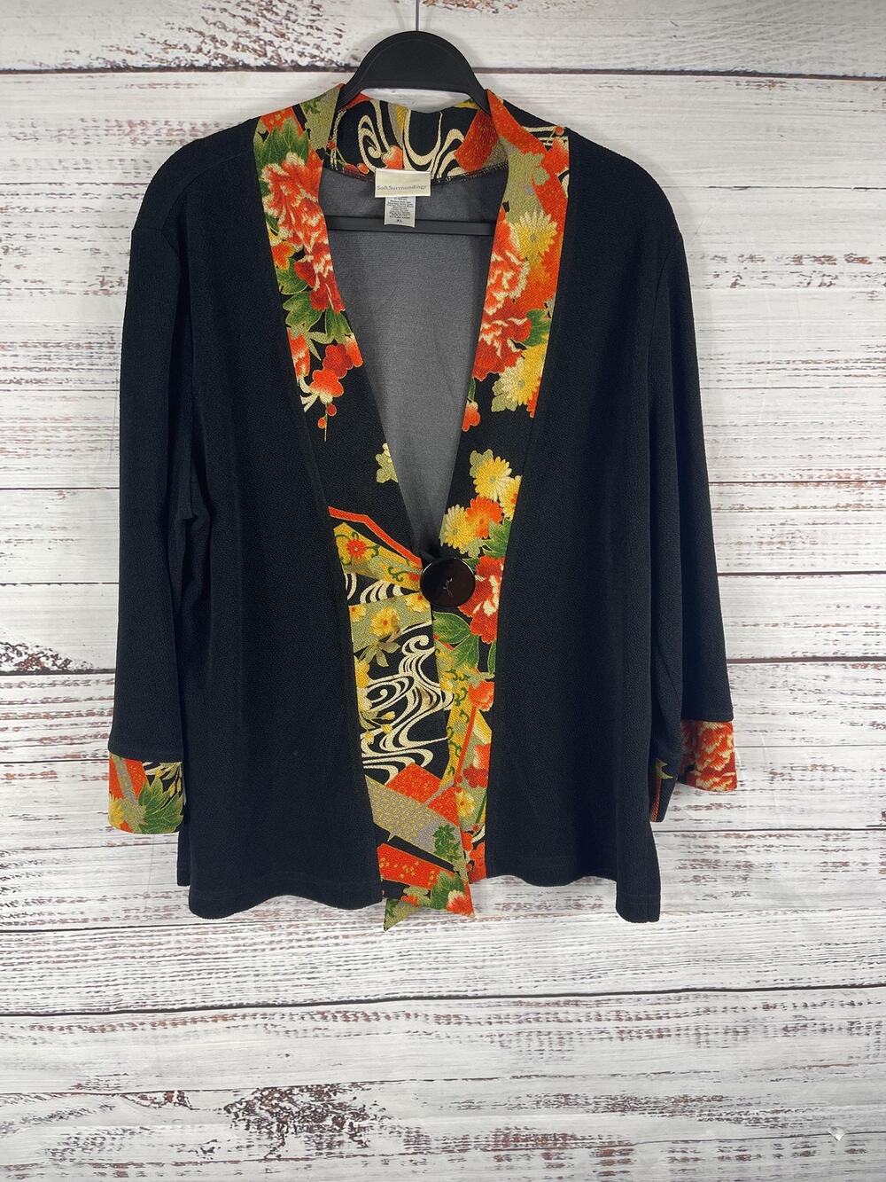 Soft Surroundings Jacket Women's XL Black Kimono Floral Single Button Made USA
